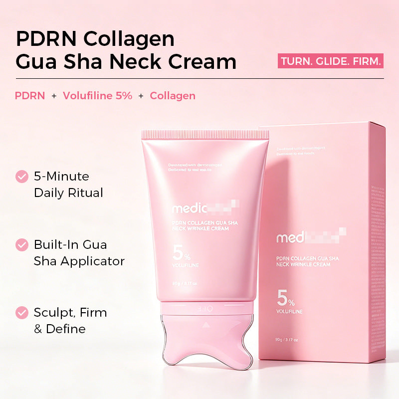 PDRN Collagen Gua Sha Neck Wrinkle Cream - Firming, Contour Care | Built-In Gua Sha Massager - for the Look of Fine Lines, Jawline, Neck, Korean Skincare.