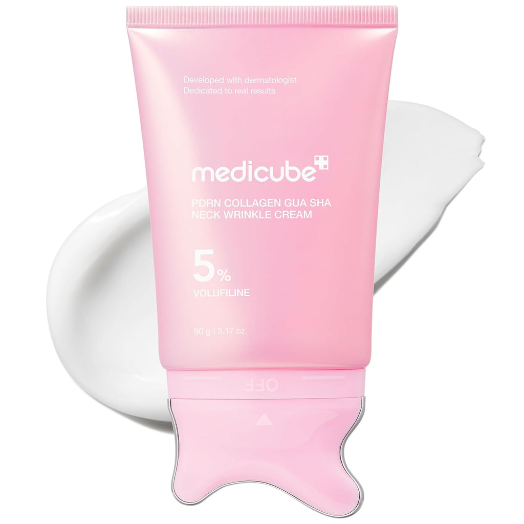 PDRN Collagen Gua Sha Neck Wrinkle Cream - Firming, Contour Care | Built-In Gua Sha Massager with Volufiline 5% - for the Look of Fine Lines, Jawline, Neck, Décolleté, Korean Skincare, 3.17 Oz