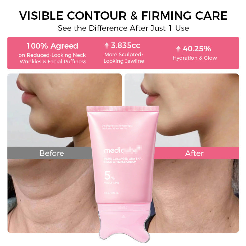 PDRN Collagen Gua Sha Neck Wrinkle Cream - Firming, Contour Care | Built-In Gua Sha Massager - for the Look of Fine Lines, Jawline, Neck, Korean Skincare.
